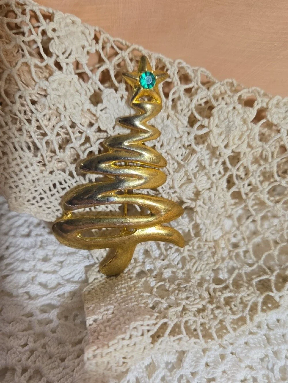 Gold-tone Christmas Tree Brooch with Green Gem Accent